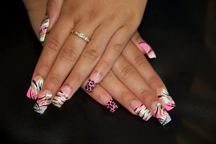 Pink, white and black sculpted nails with zebra and leopard nail art